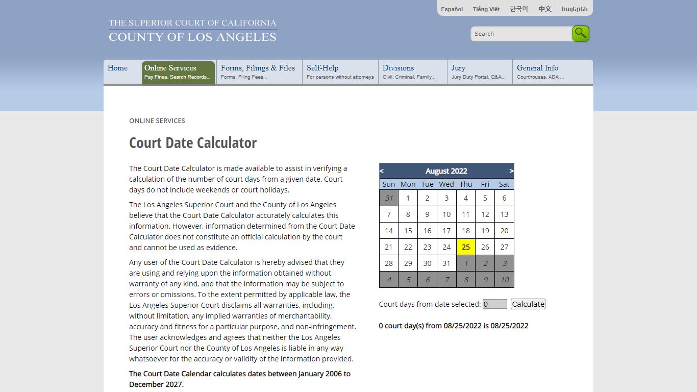 Court Date Calculator - Online Services - LA Court